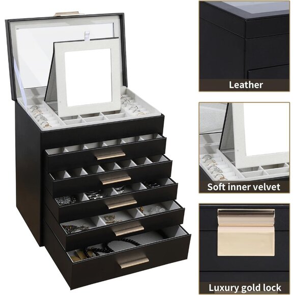 Jewelry Box for Women, Black 6 Layer Large Jewelry Organizer with Glass Lid for - Picture 4 of 7